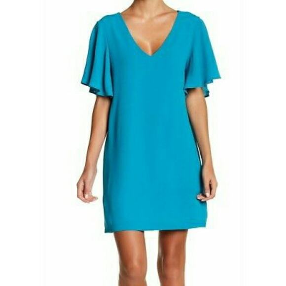 LEYDEN v-neck flutter sleeve textured above the knee aqua shift dress Size S NEW - Picture 7 of 7